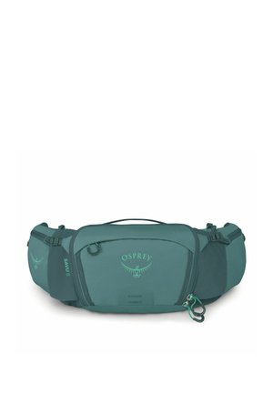 Riñonera Teal Osprey Savu 5 con múltiples compartimentos con cremallera, correas ajustables y logo en el bolsillo frontal.