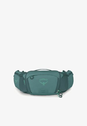 Marsupio Teal Osprey Savu 5 con più scomparti con zip, cinghie regolabili e logo sulla tasca frontale.