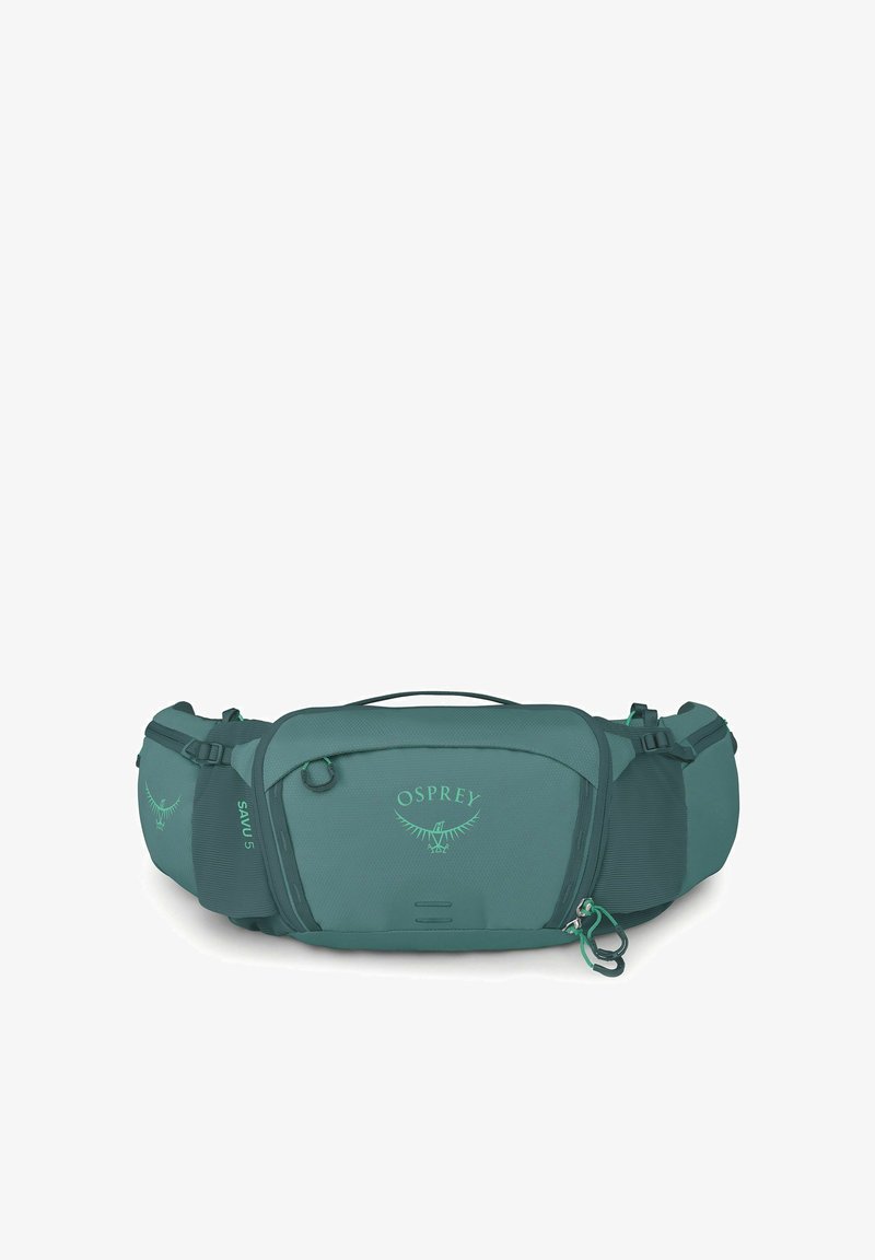 Banane Osprey Savu 5 couleur bleu sarcelle avec plusieurs compartiments zippés, bretelles réglables et logo sur la poche avant.