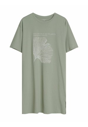 Light green cotton T-shirt with short sleeves, featuring a white graphic of a leaf and the text "THE WORLD OF PLANTS UNBREAKABLE SYMBIOSIS."