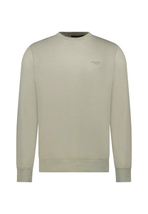 Lichtbeige sweatshirt gemaakt van zacht materiaal, met een ronde hals, lange mouwen, geribbelde manchetten en minimalistische branding op de borst.