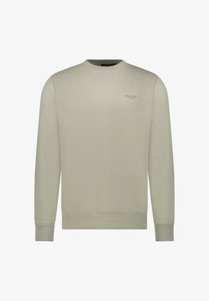 Lichtbeige sweatshirt gemaakt van zacht materiaal, met een ronde hals, lange mouwen, geribbelde manchetten en minimalistische branding op de borst.
