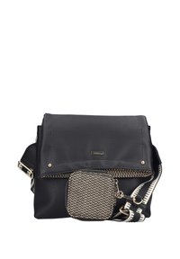 Borsa a tracolla nera con texture, con ampia tracolla a motivo bianco e nero e piccola pochette intrecciata attaccata davanti.