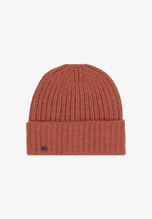 Béret a coste di colore ruggine con risvolto e un piccolo tag metallico rotondo sul lato sinistro inferiore del risvolto.