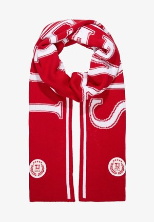 Bufanda de punto roja y blanca con grandes letras blancas y dos logotipos circulares de TJ en cada extremo.