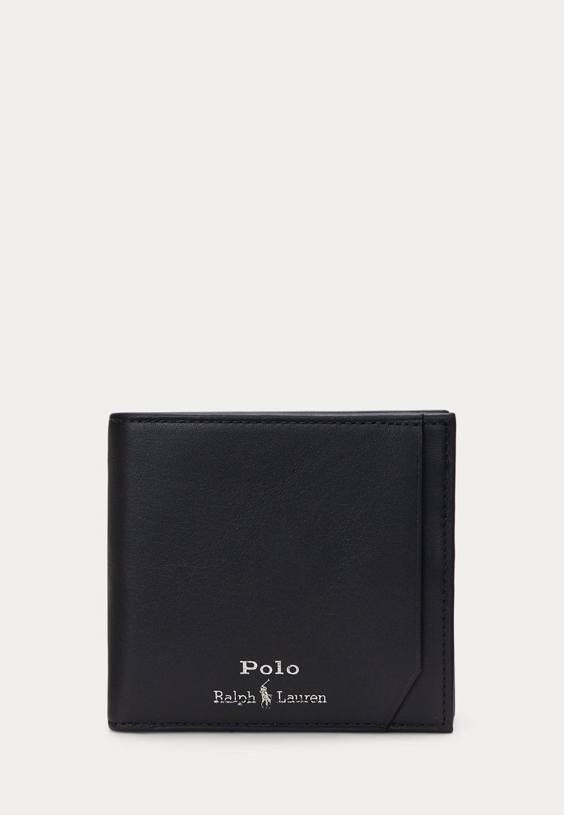 Sort læder bi-fold tegnebog med Polo Ralph Lauren-logo præget i sølv på forsiden nederst til højre.