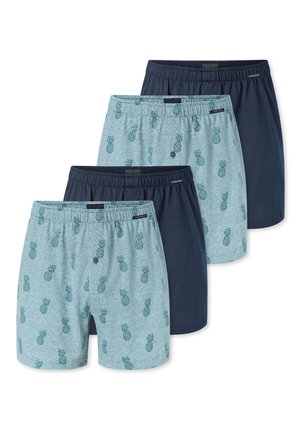 Vier Herrenboxershorts in abwechselnd einfarbigem Marineblau und Hellblau mit grünen Ananasmustern, gestaffelt gestapelt angeordnet.