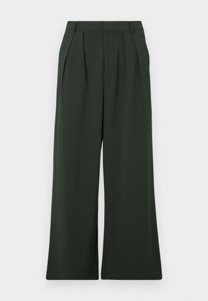 Dark green wide-leg trousers made of smooth fabric, featuring a pleated front design and a tailored, high-waisted fit.