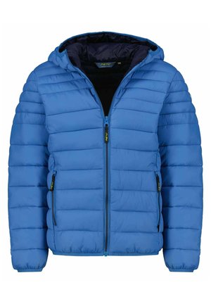 Blue puffer jacket with a hood, featuring horizontal quilting, zippered front pockets, and contrasting black interior lining.