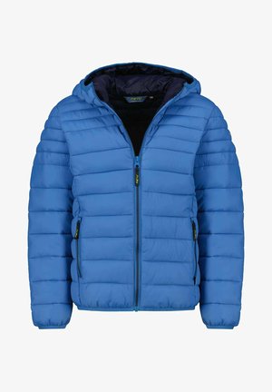 Doudoune bleue avec capuche, présentant un matelassage horizontal, des poches avant zippées et une doublure intérieure contrastée noire.