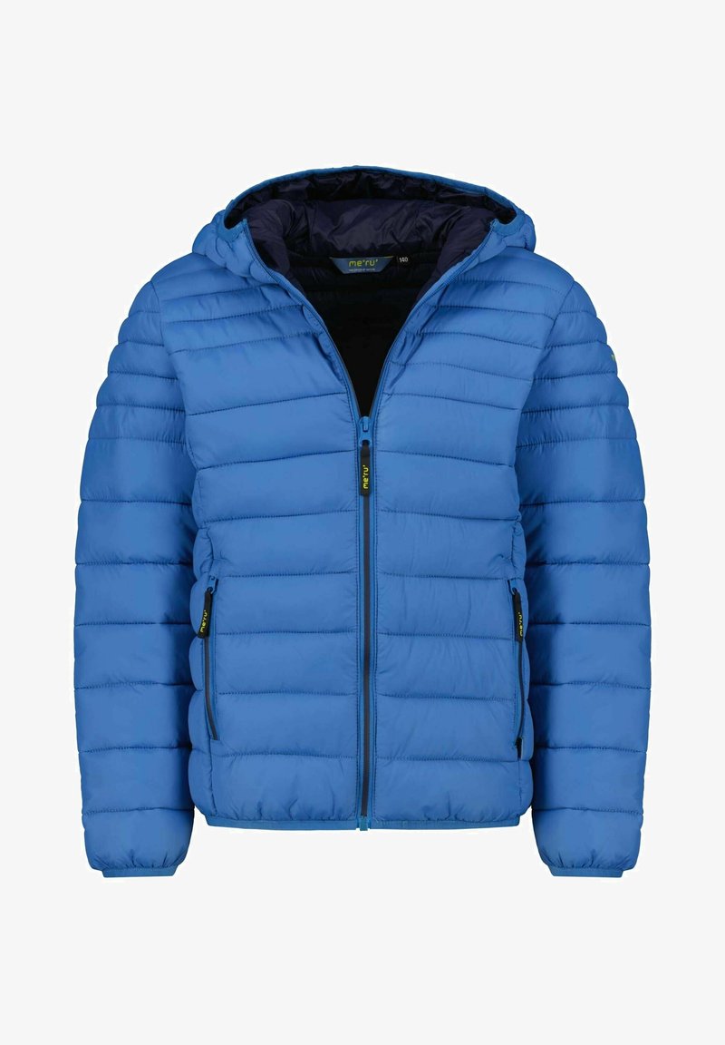 Doudoune bleue avec capuche, présentant un matelassage horizontal, des poches avant zippées et une doublure intérieure contrastée noire.