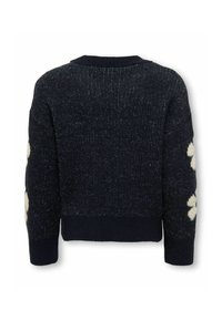 Suéter de punto azul marino con un acabado texturizado, que presenta patrones florales en color crema en ambas mangas y un cuello redondo acanalado.