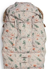 Barnevogns-fodpose med pink og grønt blomsterprint, polstret for varme, med pelsforet hætte og åbninger til sele.