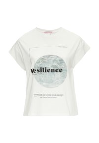 Weißes Baumwoll-T-Shirt mit kurzen Ärmeln, das ein kreisförmiges Wassermuster und das Wort "Resilienz" in fettem schwarzen Text zeigt, ergänzt durch motivierende Zitate.