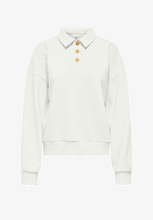 Sweat-shirt blanc à manches longues avec col et trois boutons décoratifs en forme de soleil doré sur la patte de boutonnage avant.