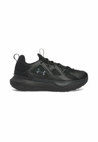 Chaussures de sport noires présentant une tige texturée avec des panneaux en mesh, un col rembourré et une semelle en caoutchouc. Le design comprend des accents réfléchissants.