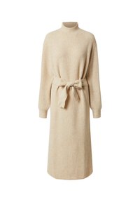 Beige, geripptes Strickkleid mit langen Ärmeln und hohem Kragen. Mit einem passenden Bindegürtel in der Taille für eine formgebende Silhouette.