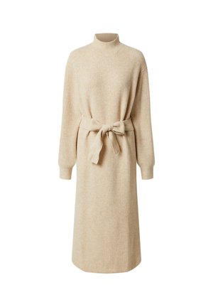 Beige geribbelde trui-jurk met lange mouwen en een hoge halslijn. Wordt gekenmerkt door een bijpassende strikriem in de taille voor een goede pasvorm.