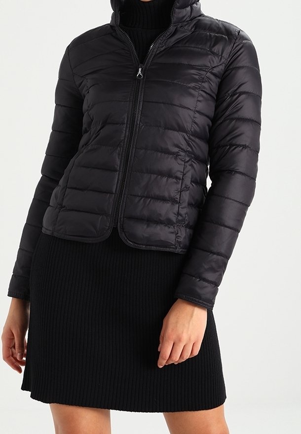 Black padded jacket with a high collar, front zip closure, and quilted texture. Worn over a black ribbed dress.