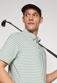 Ριγέ πόλο μπλούζα σε ανοιχτό πράσινο και λευκό, με κοντά μανίκια και κουμπωτό γιακά. Ένα γκολφ κλαμπ ακουμπάει στον ώμο.