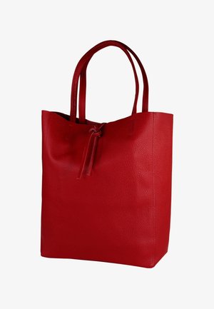 Rode leren handtas met een gestructureerd oppervlak, twee lange handvatten en een trekkoordsluiting aan de bovenkant. Rechthoekige vorm, zonder versieringen.