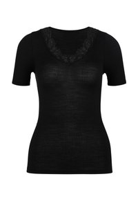 Top corto a maniche corte di colore nero con una scollatura a V rifinita da pizzo nero, che offre una silhouette aderente e un tessuto testurizzato.