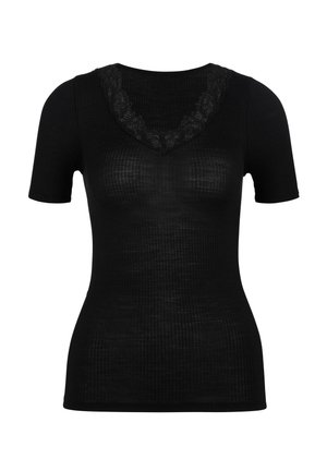 Zwart kortemouw geribbeld top met een V-halslijn versierd met zwarte kantafwerking, biedt een getailleerde pasvorm en een gestructureerde stof.