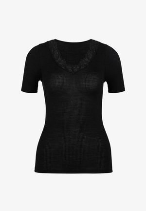 Zwart kortemouw geribbeld top met een V-halslijn versierd met zwarte kantafwerking, biedt een getailleerde pasvorm en een gestructureerde stof.