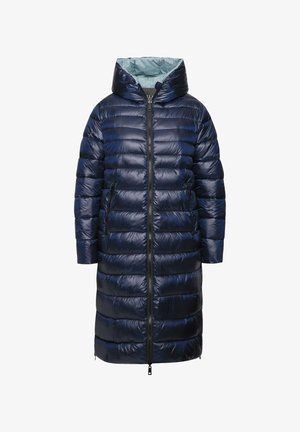 Navy puffer coat featuring a hood, zipper closure, and two front pockets. The fabric is shiny and quilted with horizontal stitching.