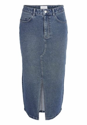 Middenblauwe denim midi-rok met een split aan de voorkant, riemlussen, voorzakken en metalen knoopsluiting in de tailleband.