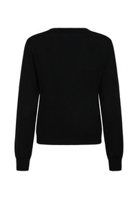 Pull noir à manches longues avec col rond et poignets et ourlet côtelés, présenté de dos sur fond blanc.