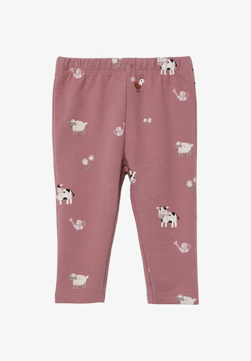 Rosa Baumwollleggings mit einem Muster von Bauernhoftieren und Gießkanistern, elastischem Bund und weichem Material.