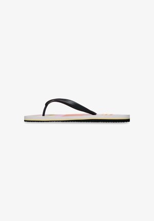Single black-strap flip-flop with multicolor sole and textured footbed, shown in side profile on a white background.