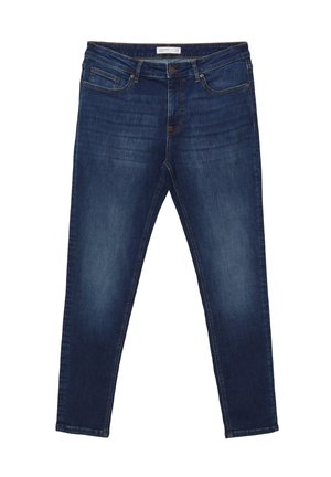 Dunkelblaue Denim-Jeans mit einer taillierten Passform, fünf Taschen und dezenten Stickdetails. Glatte Textur und gerade Beinform.