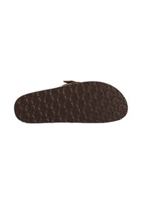 Brun gummisål til sandaler med en tekstureret, mønstret overflade. Bølget form med afrundede kanter og punkter til remmontering.
