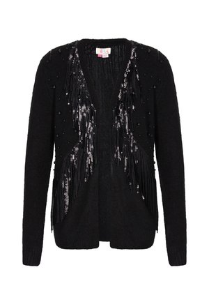Cárdigan negro con lentejuelas decorativas y detalles de flecos en la parte delantera, con una textura suave y diseño abierto al frente.