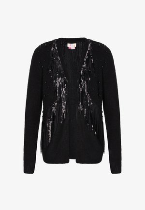 Czarny kardigan zdobiony dekoracyjnymi cekinami i frędzlami na przodzie, o miękkiej fakturze i otwartym przodzie.