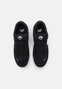 Black Nike SB Force 58 sneakers with suede upper, perforated detailing, black laces, and white Nike logo on the side and tongue.