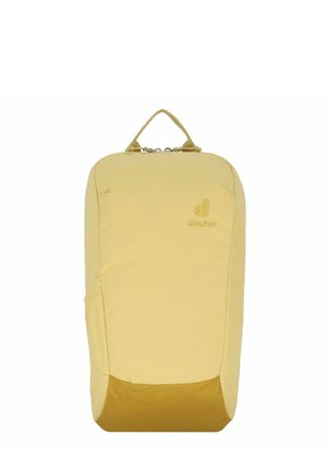 Yellow fabric backpack with a rounded design, featuring a solid darker yellow bottom, top handle, and the "deuter" logo embossed on the front.