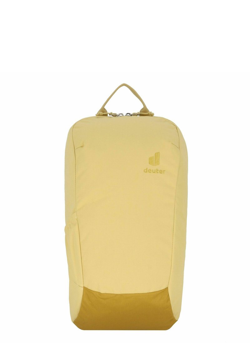 Zaino in tessuto giallo con un design arrotondato, caratterizzato da un fondo solido di un giallo più scuro, una maniglia superiore e il logo "deuter" impresso sulla parte anteriore.