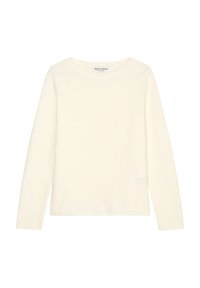 Pull tricoté de couleur crème, à manches longues, col rond et texture côtelée. Présente une étiquette de logo près du col.