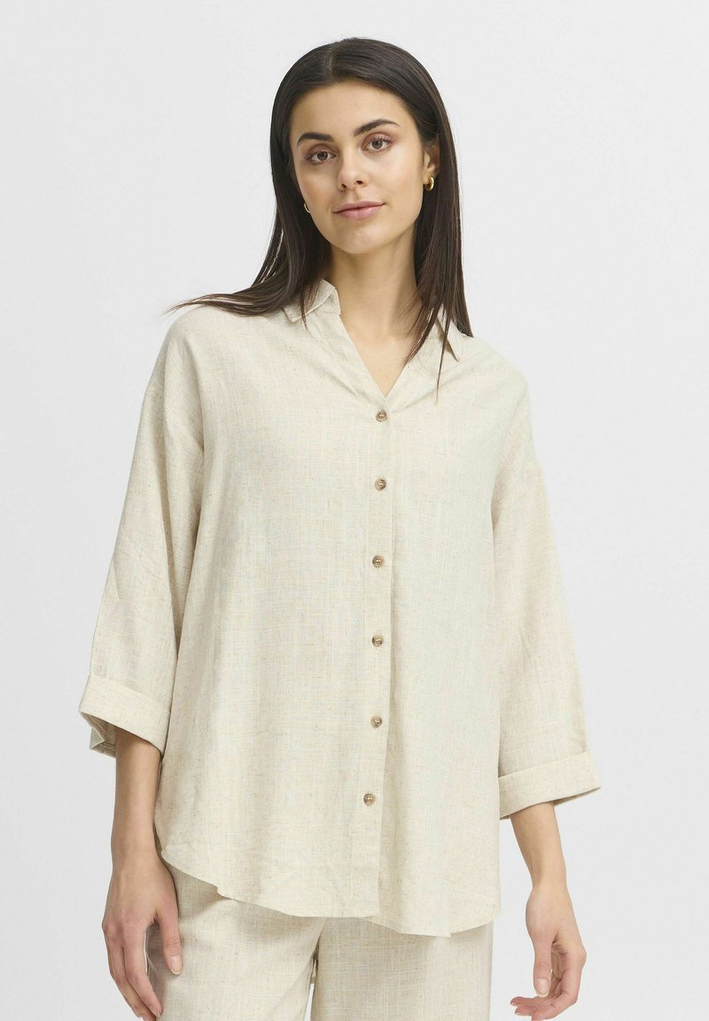 Camicia button-up color crema con colletto e maniche 3/4, realizzata in tessuto testurizzato. Presenta bottoni in legno e una silhouette rilassata.