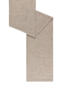 Beige wool scarf, soft texture, rectangular shape, slightly frayed edges, with a small tag featuring a logo at one end.