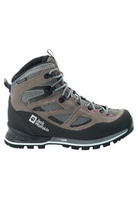 Hochwanderschuh in mittlerer Höhe aus grauem Wildleder und Mesh. Mit grauen Schnürsenkeln, Kunststoffösen und einer strukturierten, schwarzen Gummisohle mit unterschiedlichen Profilmustern.