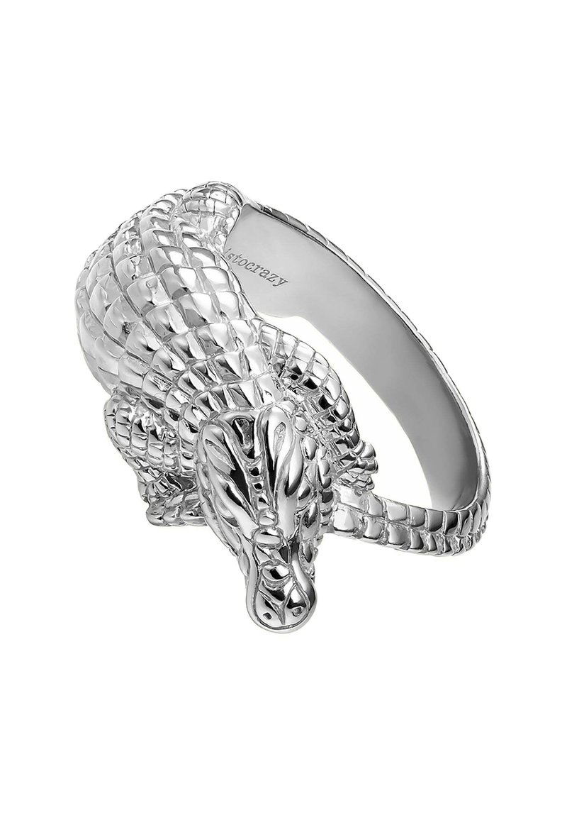 Anillo en forma de dragón plateado con intrincadas escamas, detalles y una banda interior lisa con un logo sutil. El diseño es tridimensional.