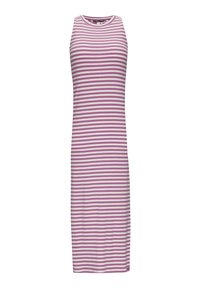 Robe mi-longue bustier à rayures violettes et blanches. Fabriquée en tissu doux et extensible. Coupe ajustée avec un col rond et sans fermetures.