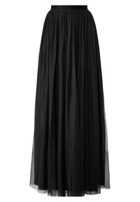 Jupe longue noire en tulle semi-transparent avec une texture douce et duveteuse. Présente une taille froncée et un motif de pois subtil.