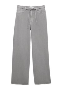 Graue weit geschnittene Denim-Hosen mit Kordelzugbund, ausgestattet mit Fronttaschen und einer weichen Textur, ideal für die Freizeit.