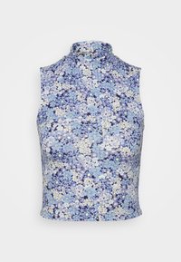 Top sem mangas com gola alta, apresentando um padrão floral em tons de azul, branco e amarelo sobre um fundo azul-marinho.