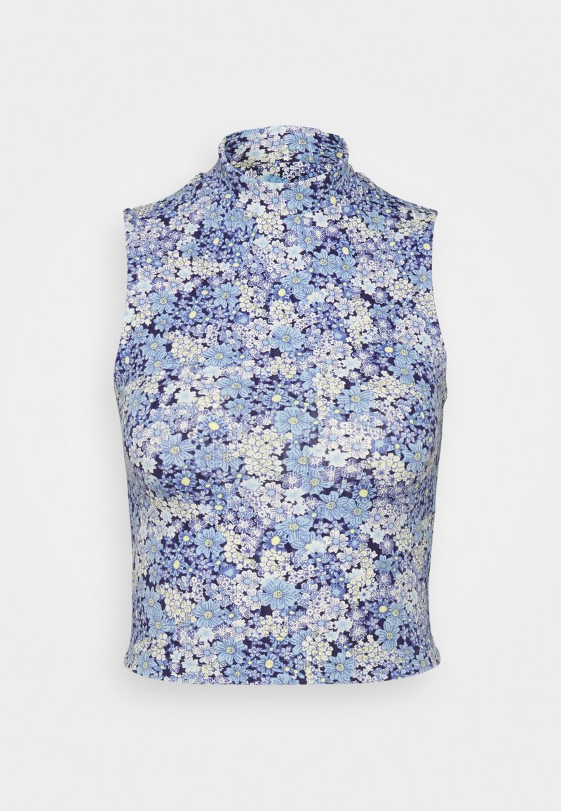 Top sem mangas com gola alta, apresentando um padrão floral em tons de azul, branco e amarelo sobre um fundo azul-marinho.